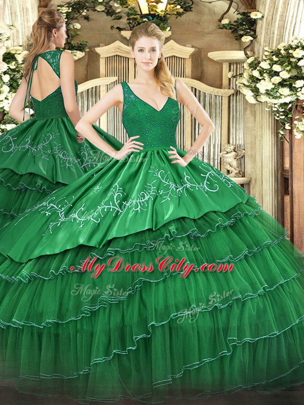 Dark Green Ball Gowns Beading and Lace and Embroidery and Ruffled Layers Sweet 16 Dress Backless Organza and Taffeta Sleeveless Floor Length