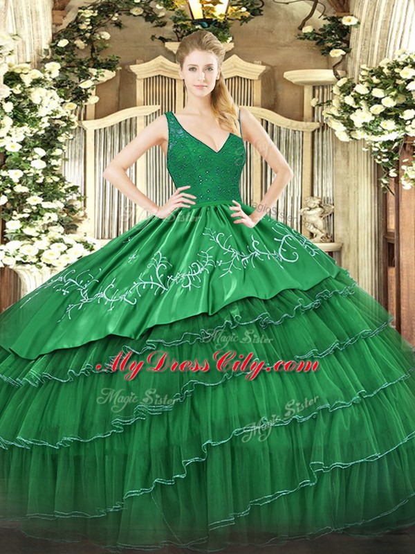 Dark Green Ball Gowns Beading and Lace and Embroidery and Ruffled Layers Sweet 16 Dress Backless Organza and Taffeta Sleeveless Floor Length