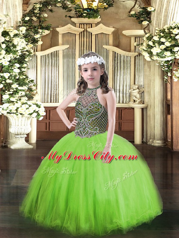 Cute Tulle Lace Up Pageant Dress for Teens Sleeveless Floor Length Beading