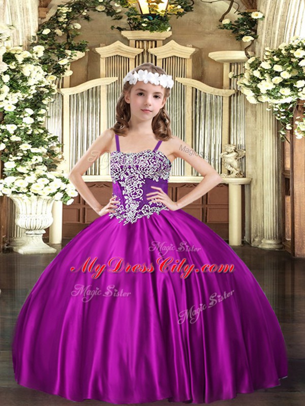 Fuchsia Lace Up Straps Appliques Kids Pageant Dress Satin Sleeveless