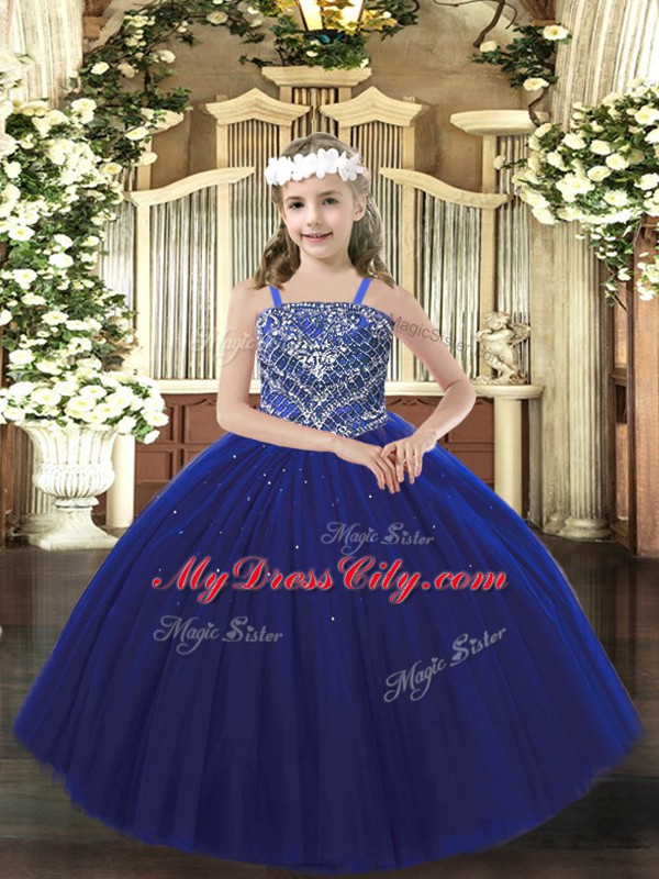 Affordable Royal Blue Ball Gowns Tulle Straps Sleeveless Beading Floor Length Lace Up High School Pageant Dress