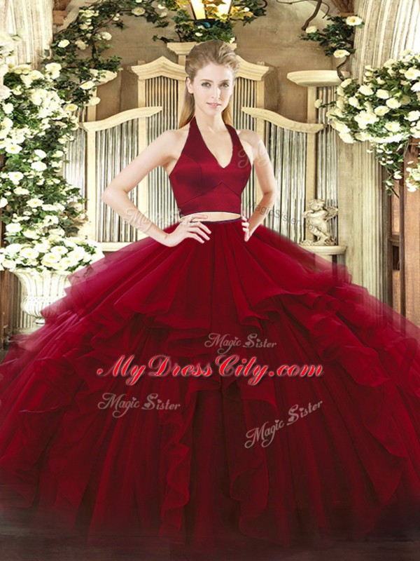 Two Pieces Quince Ball Gowns Wine Red Halter Top Organza Sleeveless Floor Length Zipper