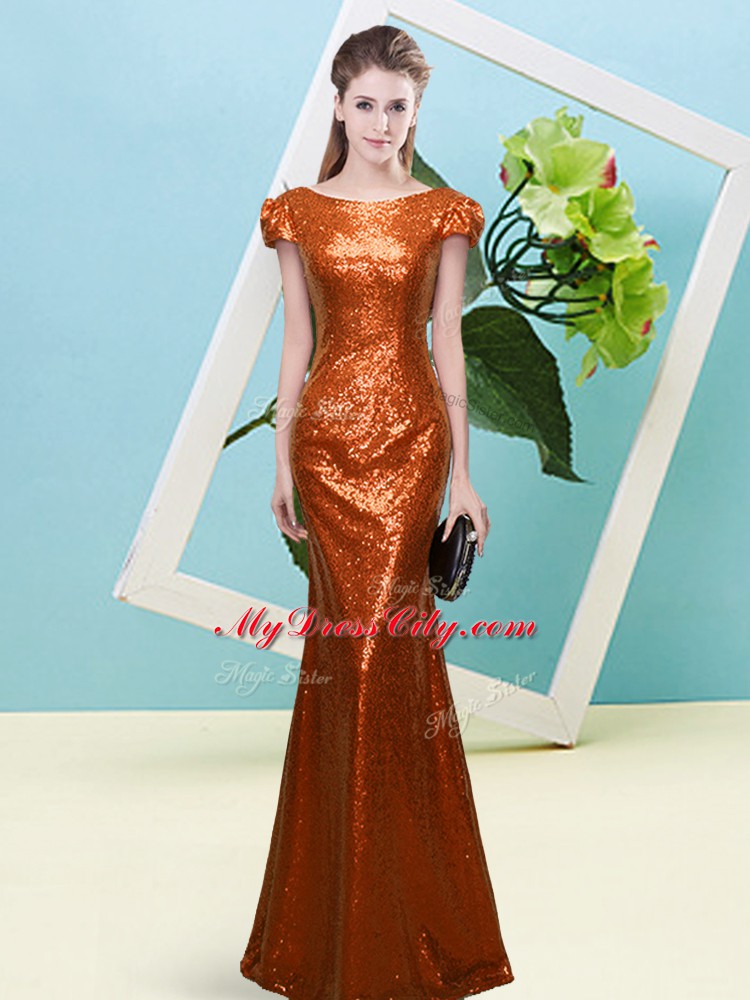 Sequins Homecoming Dress Rust Red Zipper Cap Sleeves Floor Length