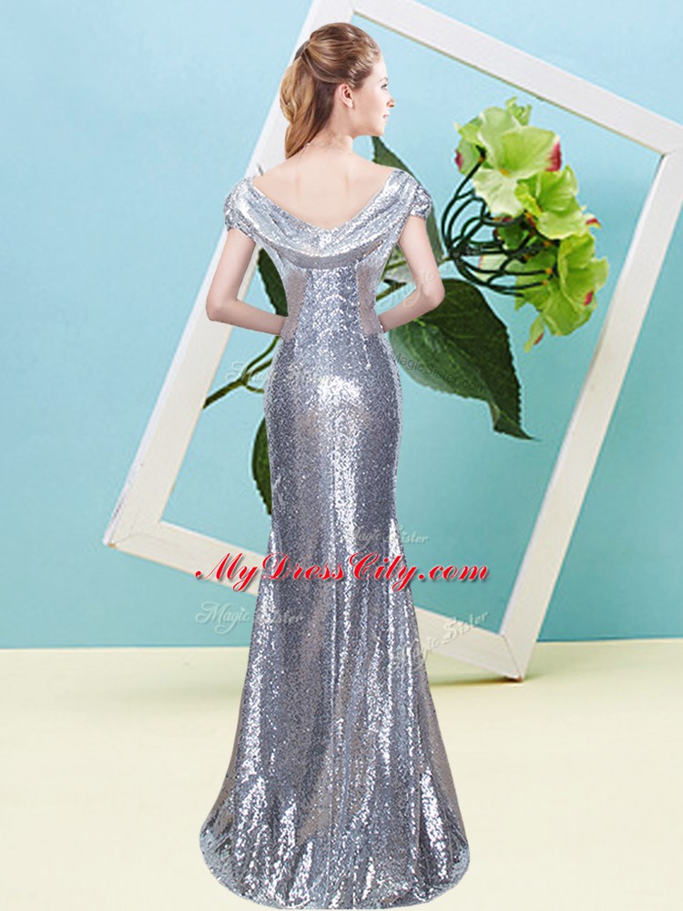 Sequins Homecoming Dress Rust Red Zipper Cap Sleeves Floor Length