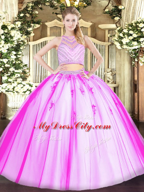 Rose Pink Two Pieces Beading Sweet 16 Dresses Zipper Tulle Sleeveless Floor Length