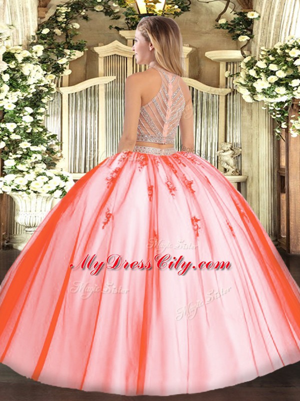 Rose Pink Two Pieces Beading Sweet 16 Dresses Zipper Tulle Sleeveless Floor Length