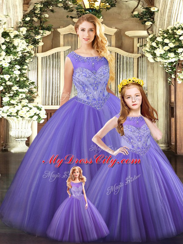 Lavender Ball Gowns Tulle Scoop Sleeveless Beading Floor Length Lace Up 15 Quinceanera Dress