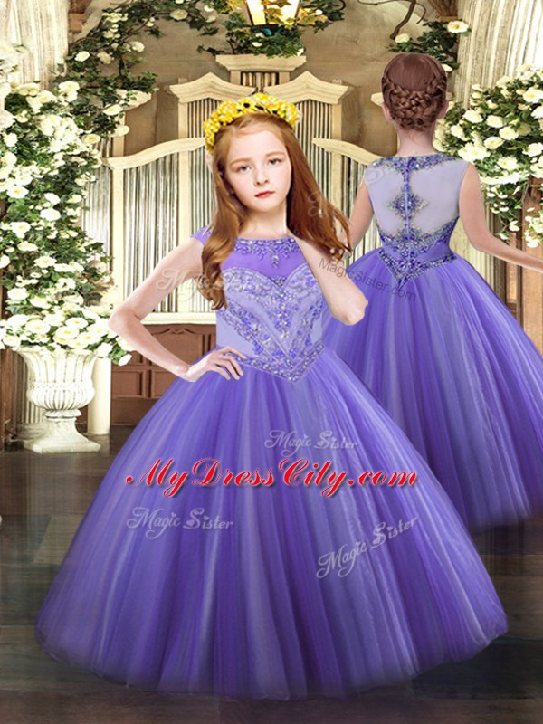 Lavender Ball Gowns Tulle Scoop Sleeveless Beading Floor Length Lace Up 15 Quinceanera Dress