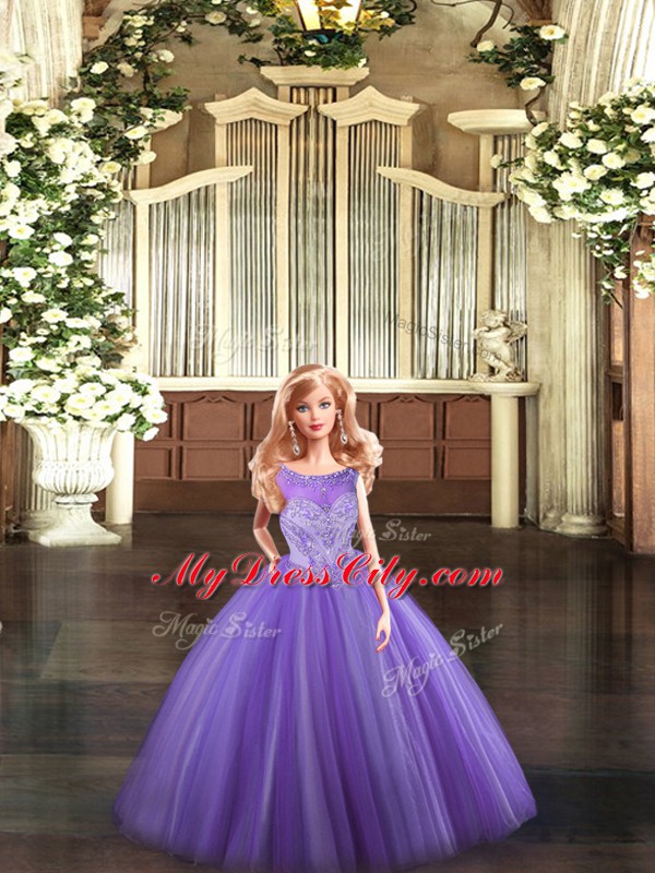 Lavender Ball Gowns Tulle Scoop Sleeveless Beading Floor Length Lace Up 15 Quinceanera Dress