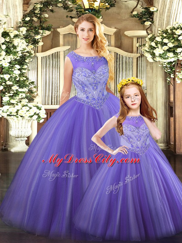 Lavender Ball Gowns Tulle Scoop Sleeveless Beading Floor Length Lace Up 15 Quinceanera Dress