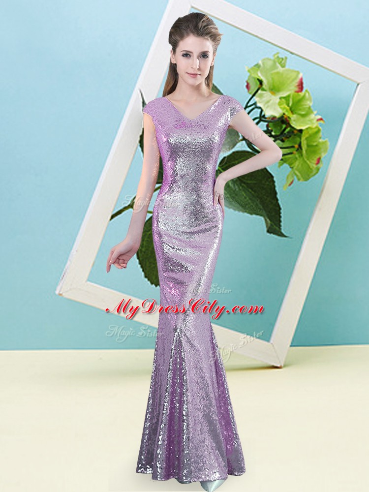 Lilac Dress for Prom Prom and Party with Sequins V-neck Cap Sleeves Zipper