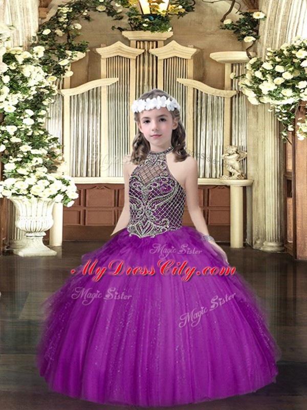 High End Tulle Halter Top Sleeveless Lace Up Beading and Ruffles Child Pageant Dress in Purple