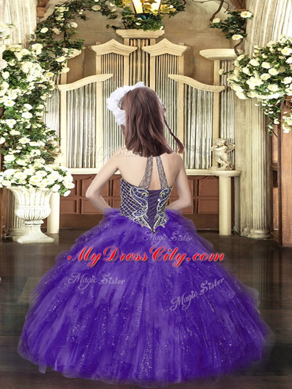 High End Tulle Halter Top Sleeveless Lace Up Beading and Ruffles Child Pageant Dress in Purple