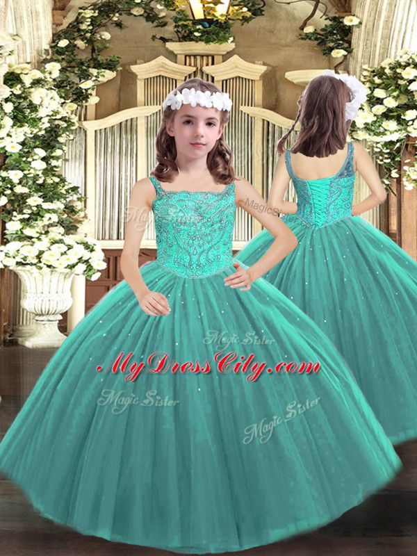 Teal Kids Pageant Dress Party and Sweet 16 and Quinceanera and Wedding Party with Beading Straps Sleeveless Lace Up