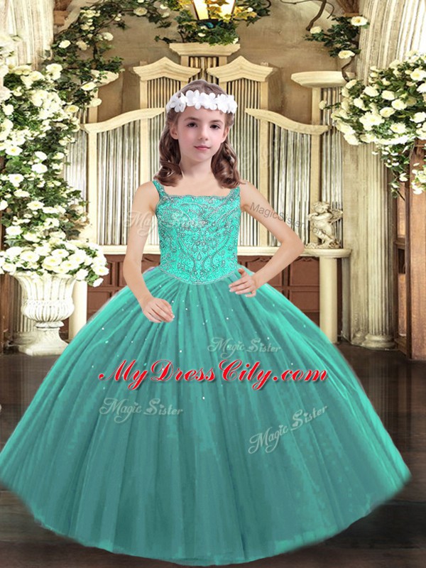 Teal Kids Pageant Dress Party and Sweet 16 and Quinceanera and Wedding Party with Beading Straps Sleeveless Lace Up