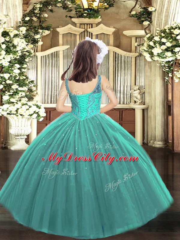 Teal Kids Pageant Dress Party and Sweet 16 and Quinceanera and Wedding Party with Beading Straps Sleeveless Lace Up