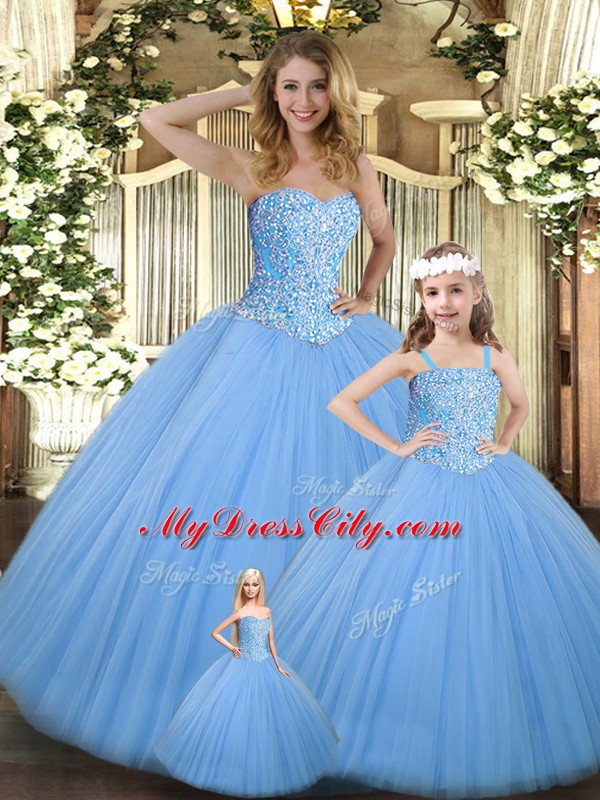 Baby Blue Ball Gowns Tulle Sweetheart Sleeveless Beading Floor Length Lace Up Quinceanera Dress