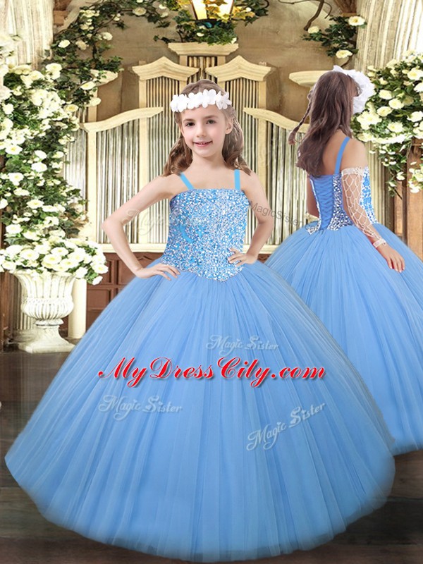 Baby Blue Ball Gowns Tulle Sweetheart Sleeveless Beading Floor Length Lace Up Quinceanera Dress