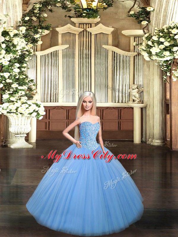 Baby Blue Ball Gowns Tulle Sweetheart Sleeveless Beading Floor Length Lace Up Quinceanera Dress