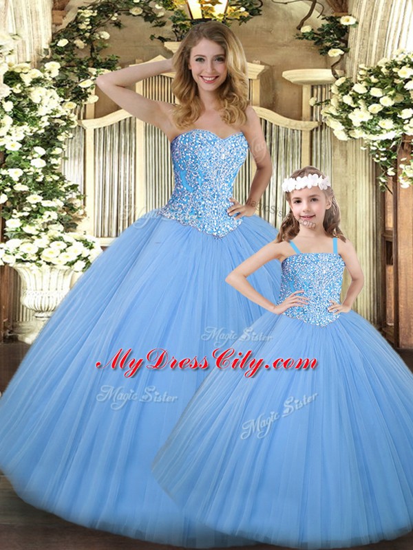 Baby Blue Ball Gowns Tulle Sweetheart Sleeveless Beading Floor Length Lace Up Quinceanera Dress