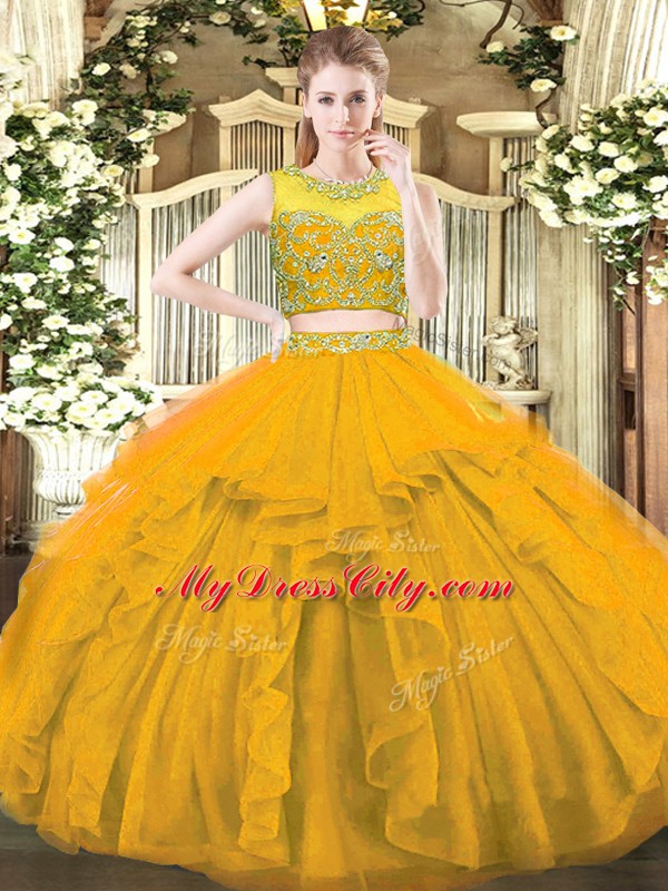 Sleeveless Tulle Floor Length Zipper Sweet 16 Dresses in Gold with Beading and Ruffles