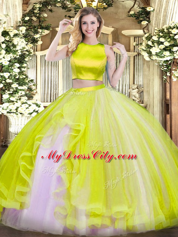 Luxury Tulle High-neck Sleeveless Criss Cross Ruffles Ball Gown Prom Dress in Yellow Green