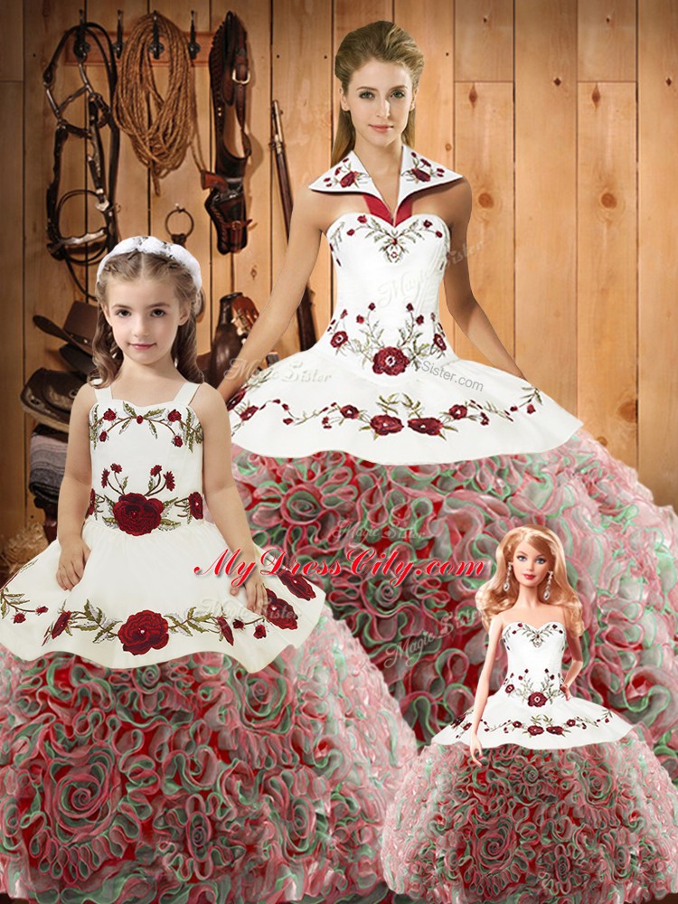 Floor Length Multi-color Quinceanera Gowns Satin and Fabric With Rolling Flowers Sleeveless Embroidery