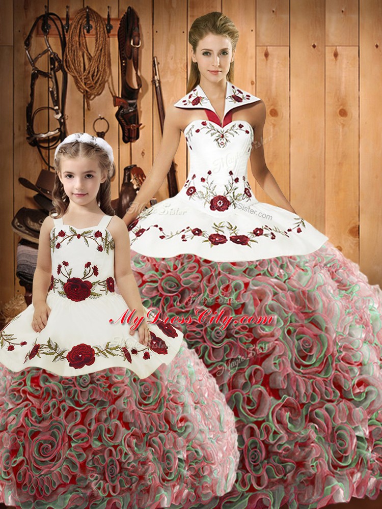 Floor Length Multi-color Quinceanera Gowns Satin and Fabric With Rolling Flowers Sleeveless Embroidery