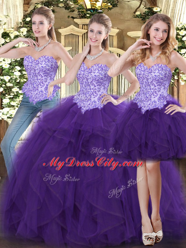 Purple Quinceanera Dress Military Ball and Sweet 16 and Quinceanera with Beading and Ruffles Sweetheart Sleeveless Lace Up