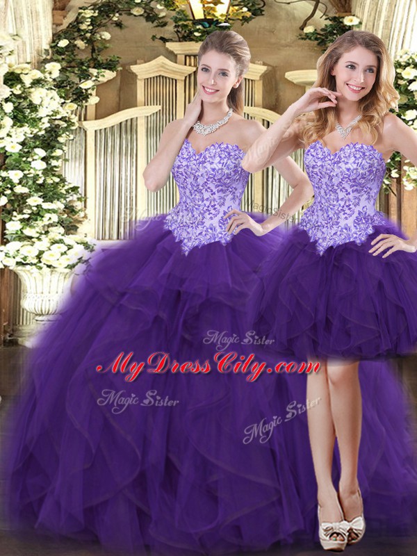 Purple Quinceanera Dress Military Ball and Sweet 16 and Quinceanera with Beading and Ruffles Sweetheart Sleeveless Lace Up