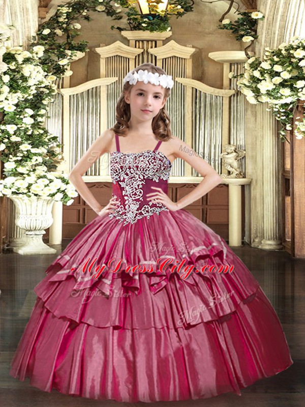 Fashionable Straps Sleeveless Lace Up Little Girl Pageant Gowns Hot Pink Organza