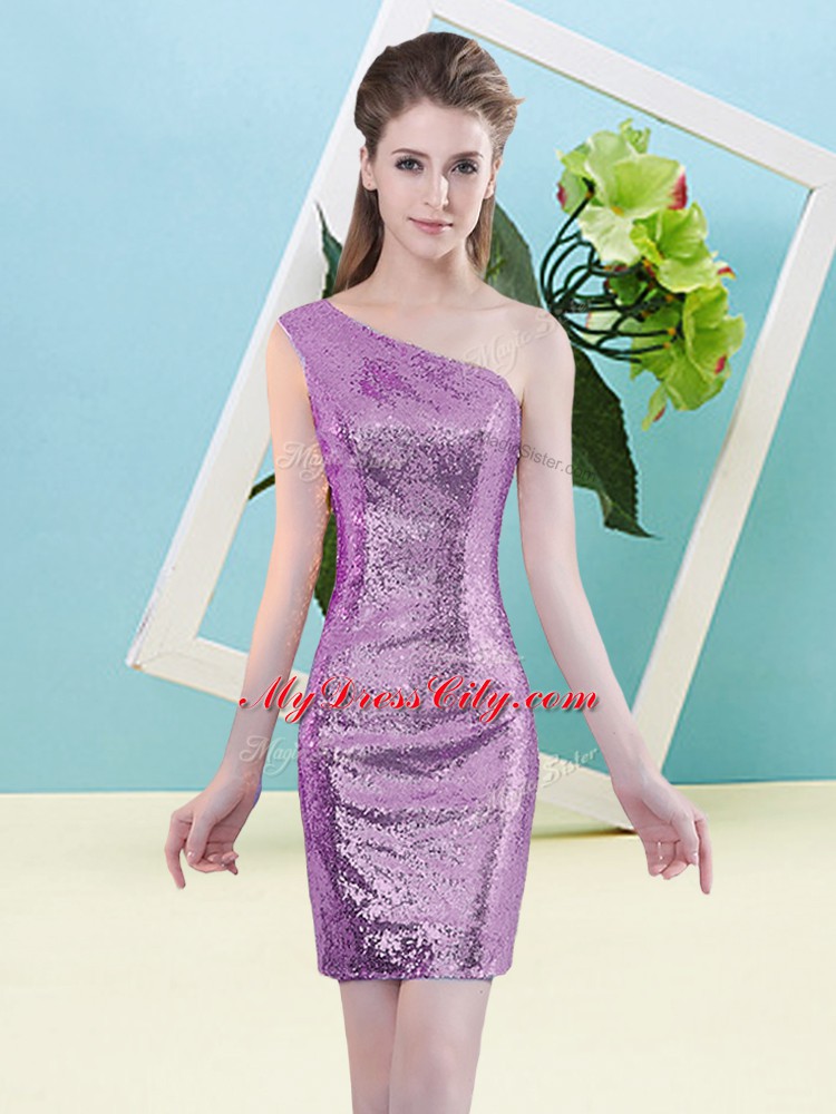 Lilac One Shoulder Neckline Sequins Prom Dresses Sleeveless Zipper