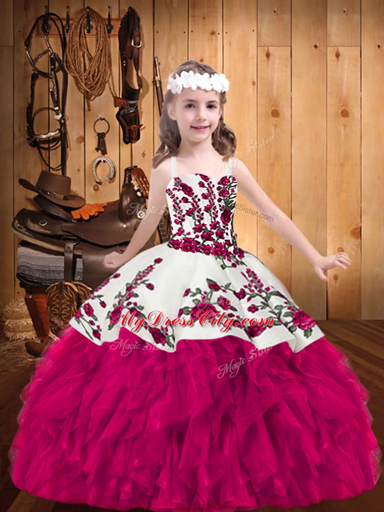 Embroidery Little Girls Pageant Gowns Fuchsia Lace Up Sleeveless Floor Length