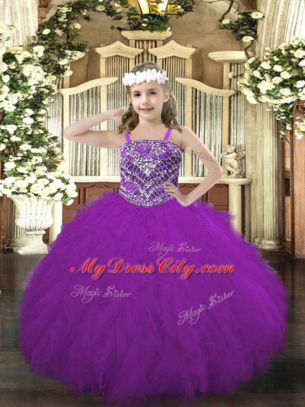 Customized Straps Sleeveless Lace Up Winning Pageant Gowns Purple Tulle