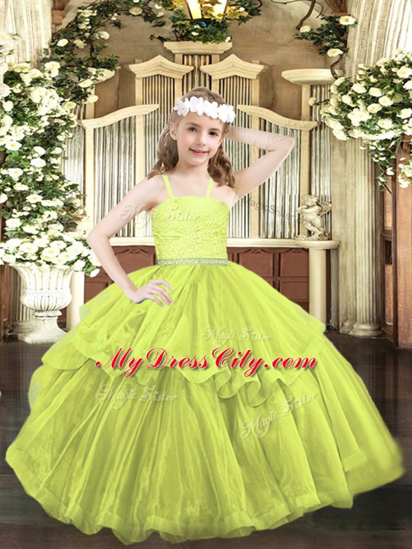 Latest Yellow Green Little Girl Pageant Dress Party and Quinceanera with Beading and Lace Straps Sleeveless Zipper