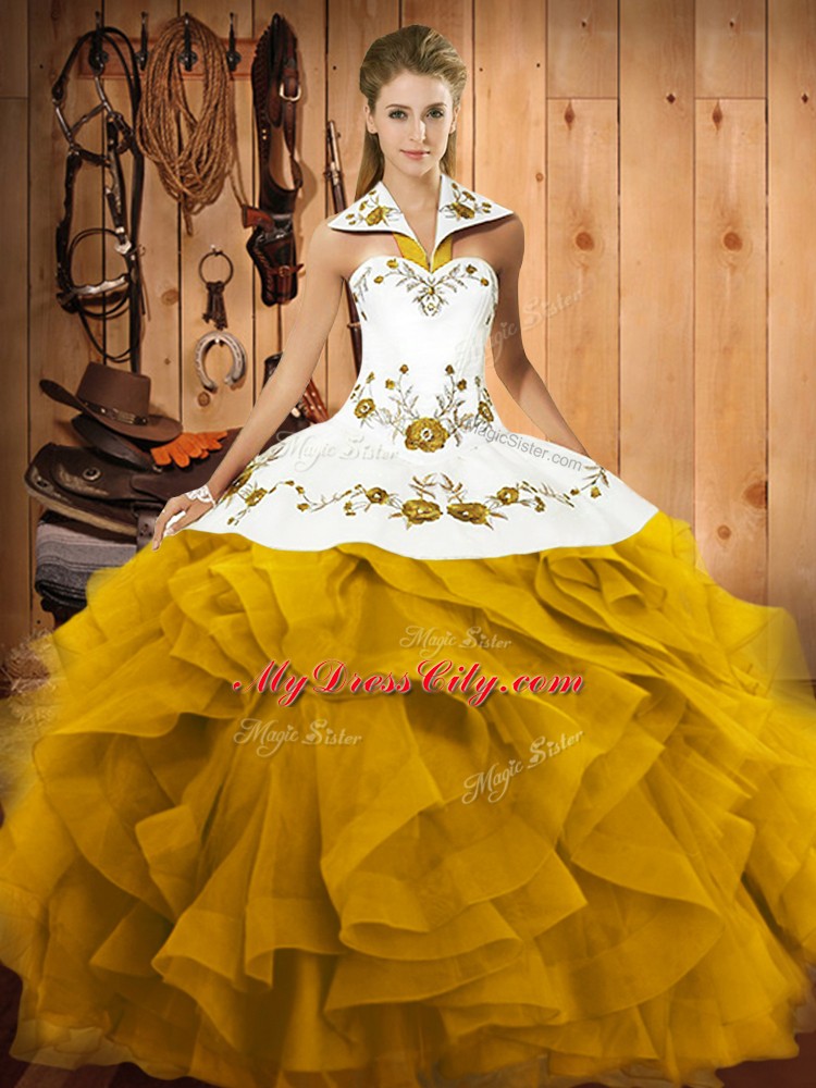 Stylish Sleeveless Floor Length Embroidery and Ruffles Lace Up Quince Ball Gowns with Gold