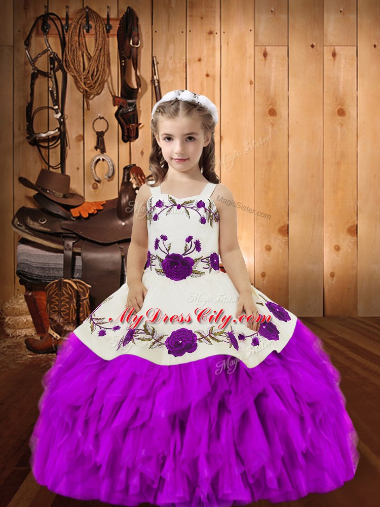 Embroidery and Ruffles Pageant Dress Purple Lace Up Sleeveless Floor Length