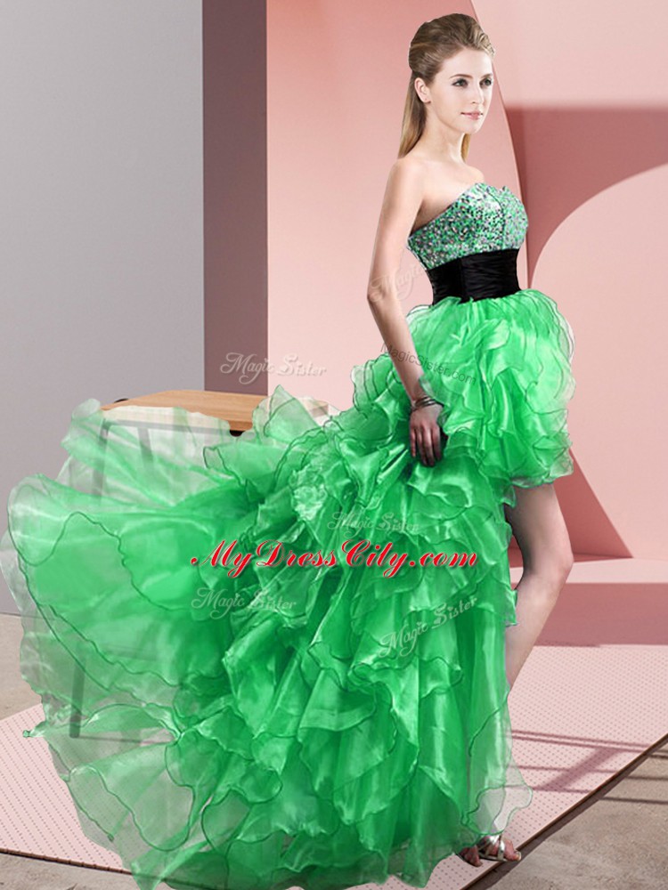 Custom Fit Organza Sleeveless High Low Prom Dress and Beading and Ruffles