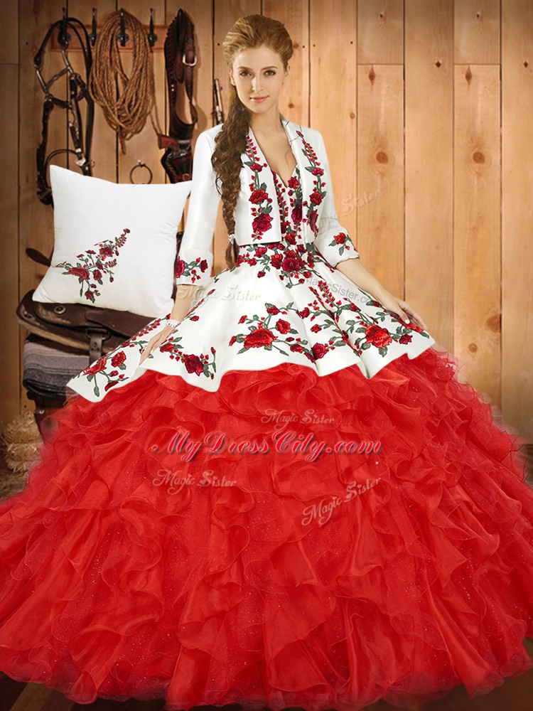 Red Ball Gowns Sweetheart Sleeveless Tulle Floor Length Lace Up Embroidery and Ruffles Vestidos de Quinceanera