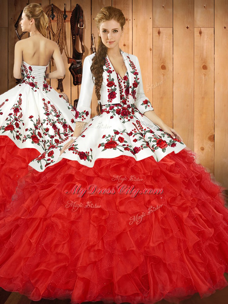 Red Ball Gowns Sweetheart Sleeveless Tulle Floor Length Lace Up Embroidery and Ruffles Vestidos de Quinceanera