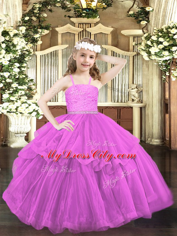 Lovely Lilac Organza Zipper Straps Sleeveless Floor Length Pageant Gowns For Girls Beading and Lace