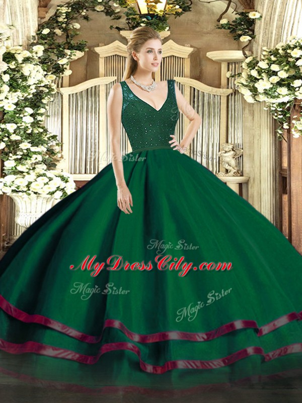 Dark Green Sleeveless Tulle Zipper Sweet 16 Dresses for Sweet 16 and Quinceanera