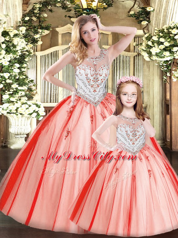 Red Ball Gowns Tulle Scoop Sleeveless Beading Floor Length Lace Up Quince Ball Gowns