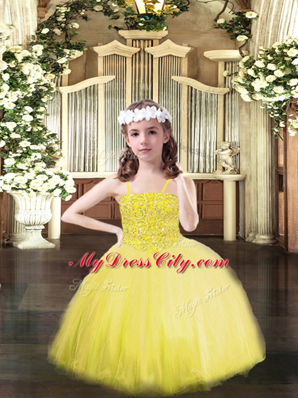 Dramatic Yellow Tulle Lace Up Spaghetti Straps Sleeveless Floor Length Pageant Dress for Teens Beading