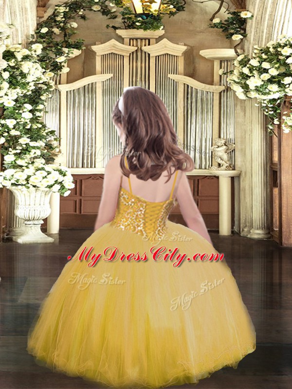 Dramatic Yellow Tulle Lace Up Spaghetti Straps Sleeveless Floor Length Pageant Dress for Teens Beading