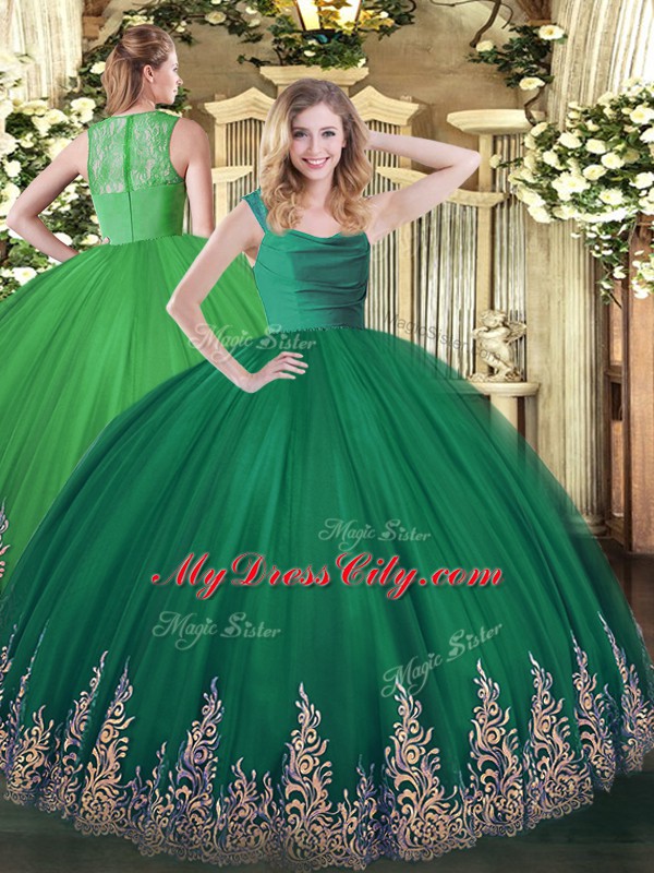 Dark Green Ball Gowns Tulle Straps Sleeveless Lace and Appliques Floor Length Zipper Ball Gown Prom Dress