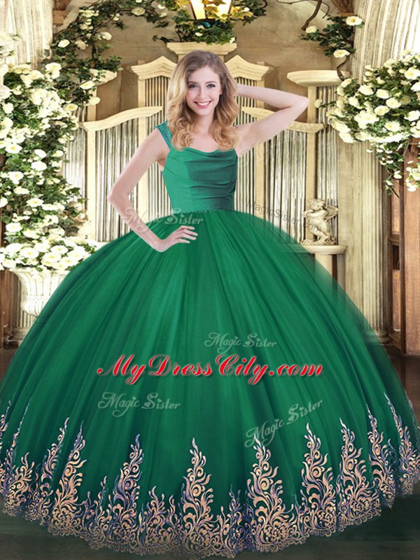 Dark Green Ball Gowns Tulle Straps Sleeveless Lace and Appliques Floor Length Zipper Ball Gown Prom Dress