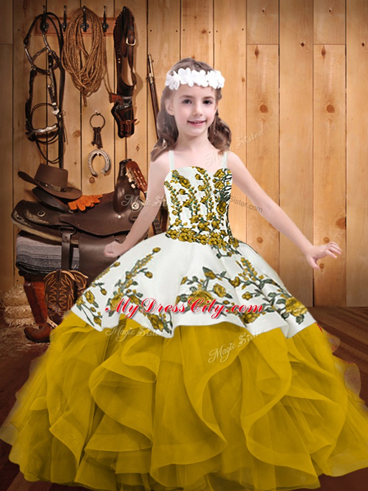 Latest Floor Length Ball Gowns Sleeveless Gold Girls Pageant Dresses Lace Up