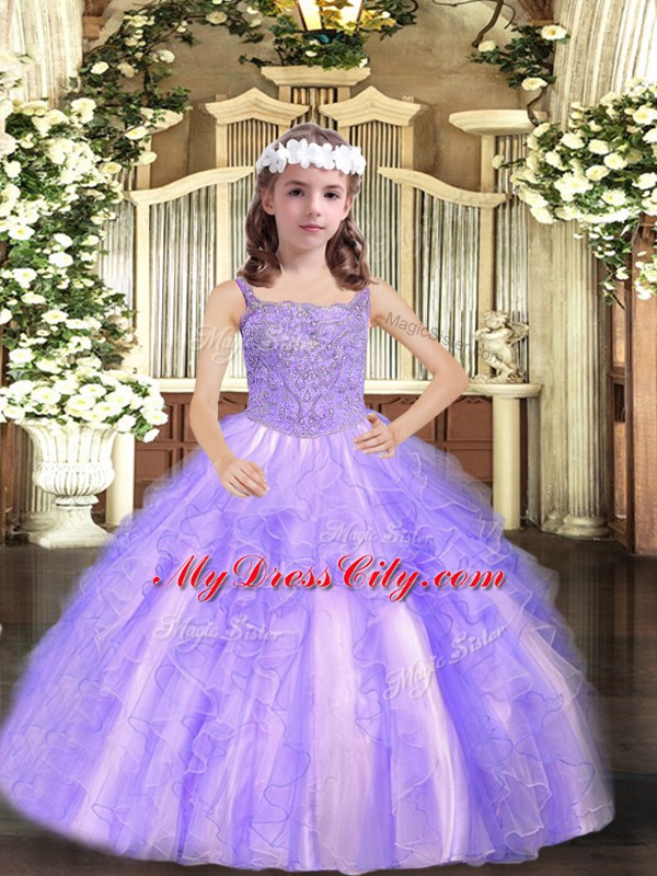 Tulle Straps Sleeveless Lace Up Beading and Ruffles Little Girl Pageant Dress in Lavender