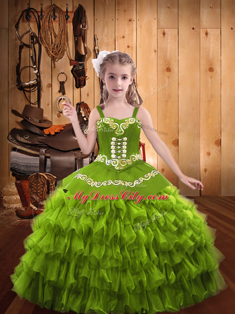 Cheap Olive Green Straps Lace Up Embroidery and Ruffled Layers Custom Made Pageant Dress Sleeveless